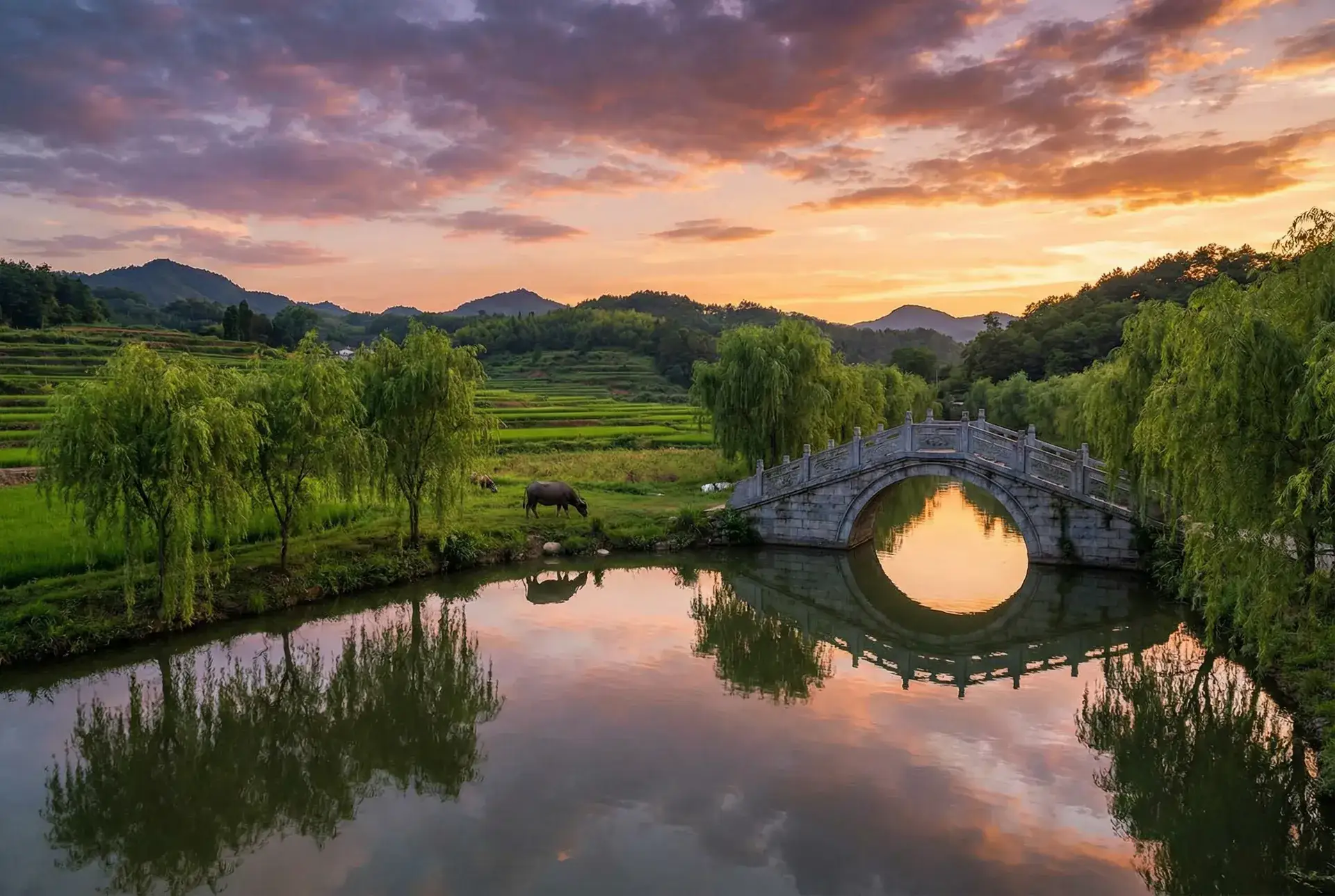 夕阳下的石拱桥与垂柳，水牛在河边吃草 - 凌晨三点电影免费播放 乡村美景